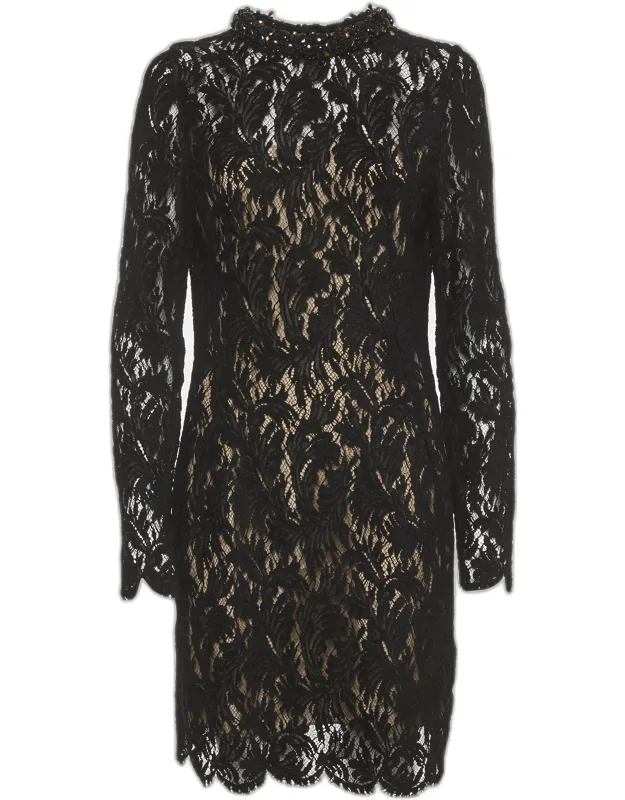 Lace Bead Embellished Collar Mini Sheath Dress