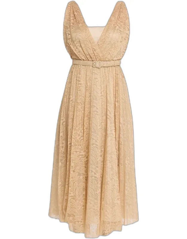 Belted Floral Lace Midi Dress