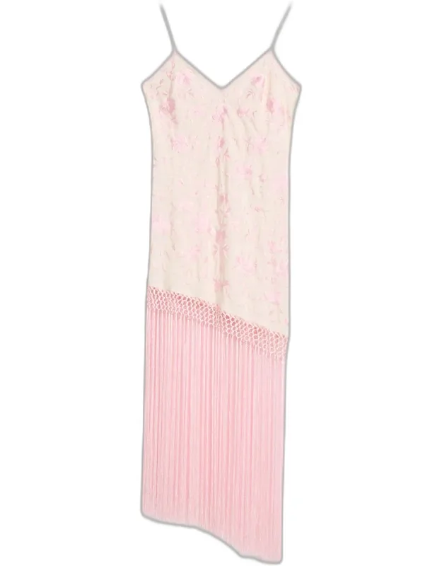 Floral-embroidered Asymmetric Fringe Dress