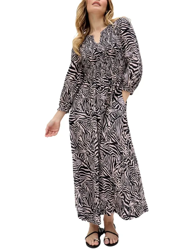 Paulina Shirred Bodice Zebra Print Maxi Dress