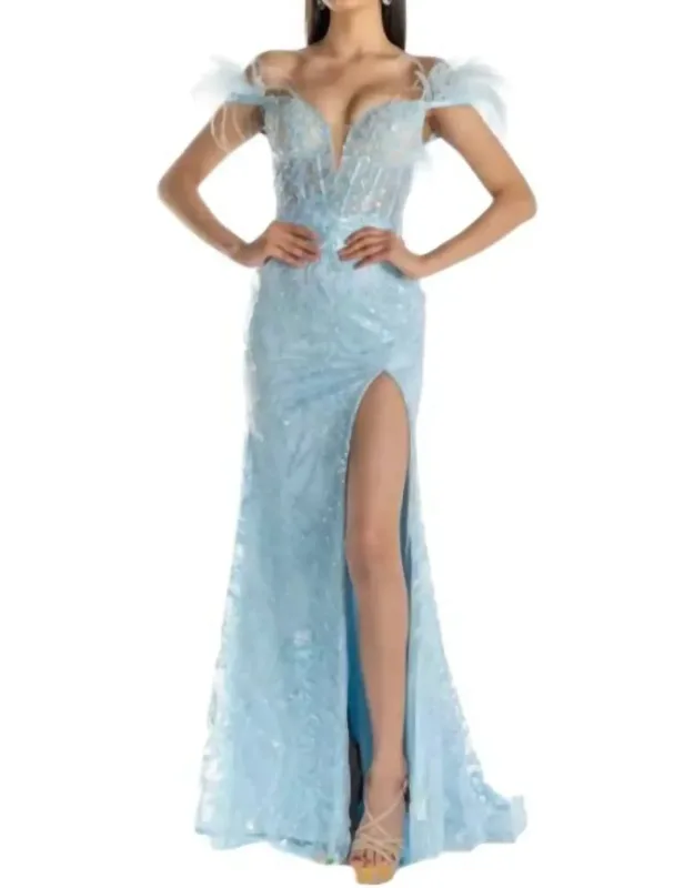 Sequin Lace Feather Sleeve Prom Dress