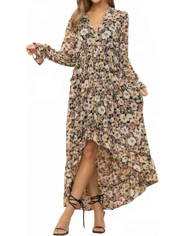 Floral Print Chiffon Tiered Maxi Dress