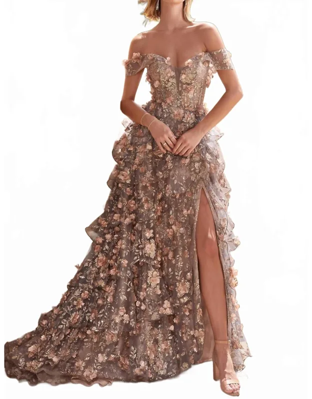 Off Shoulder Glitter Floral Prom Dress