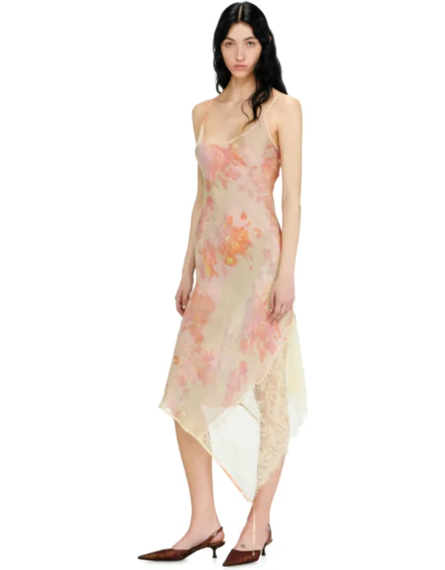 Midi Slip Dress With Floral Print And Lace Trim