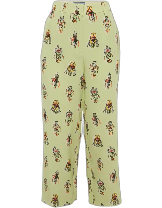 Lime Green Robots Print Silk Straight Fit Pants
