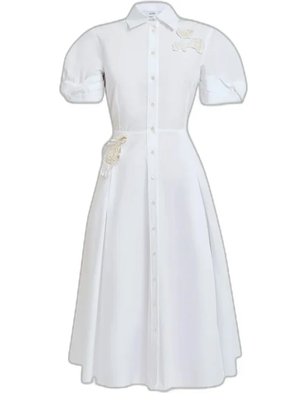Pleated Floral Applique Cotton Midi Shirtdress