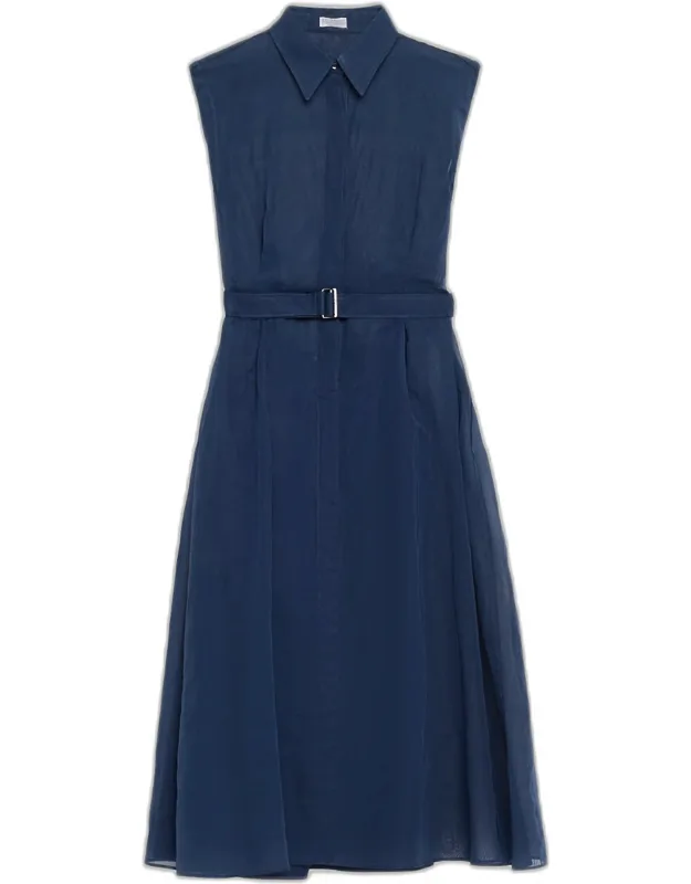 Sleeveless Sheer Cotton Organza Belted Midi Shirtdress