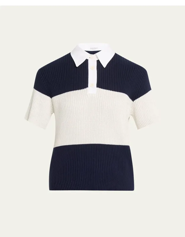 Shimmering Striped Cotton Rib Polo Sweater