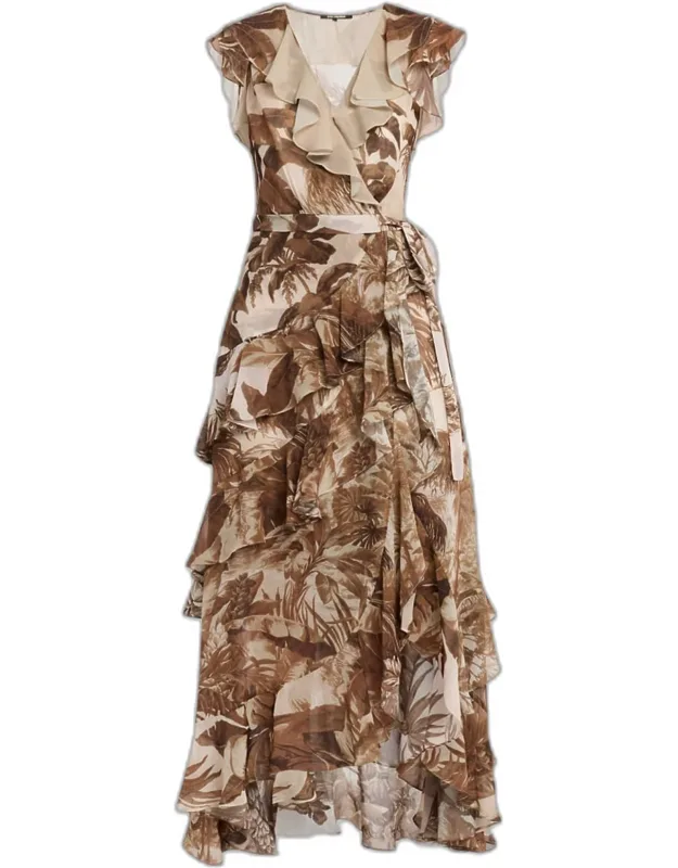 Botanical-print Ruffle Wrap Maxi Dress