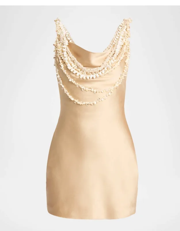 Draped Shell Embellished Satin Mini Dress