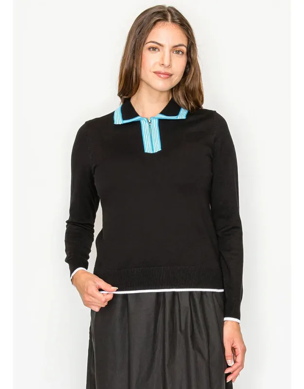Knit Sweater With Stripe Collar & Half-zip