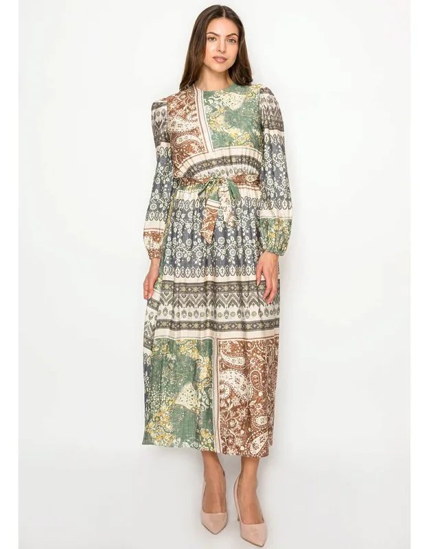 Patchwork Print Long Sleeve Dress