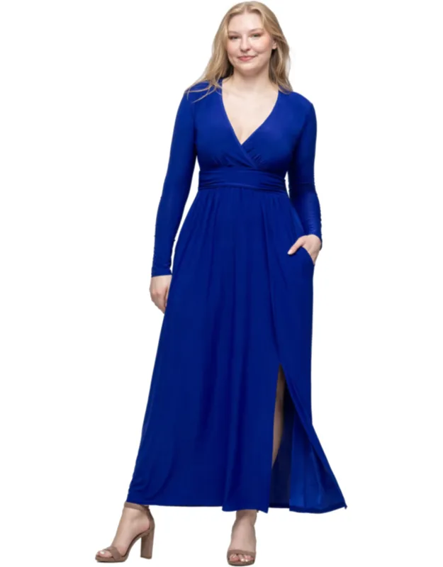 Long Sleeve V Neck Pleated Empire Waist Side Slit Maxi Dress With Functional Pockets And Soft Stretch Fabric