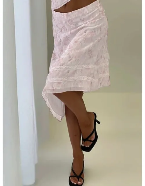 Asymmetrical Midi Skirt With Floral Print And Lace Detail