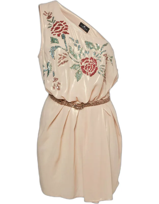 Metallic Floral Embellished Crepe One-shoulder Mini Dress