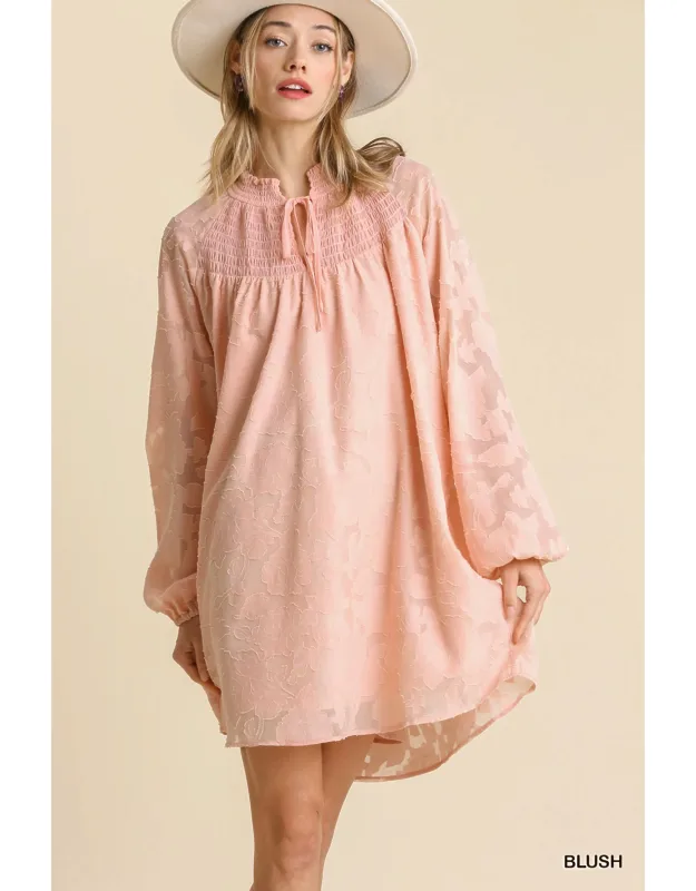 Jacquard Raglan Smocked Tie Neck Yoke Dress
