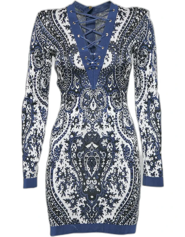 Paisley Print Knit Lace-up Mini Dress