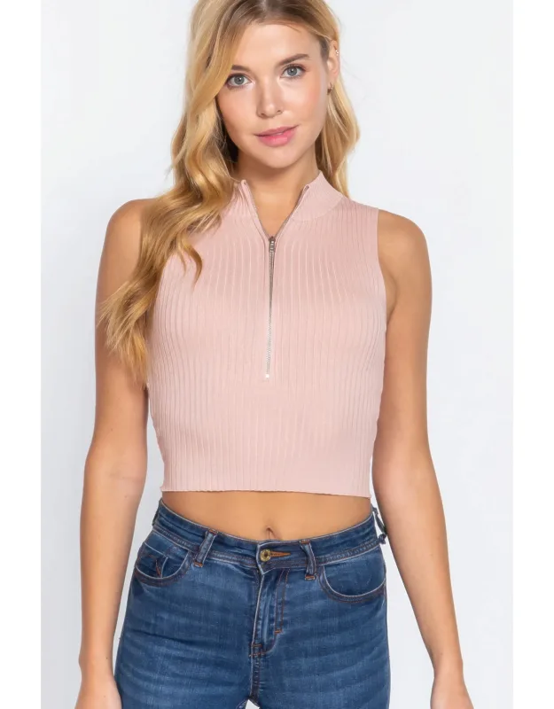 Sleeveless Rib Sweater Top With Zipper