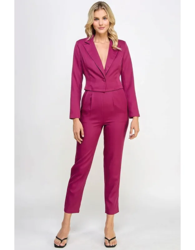 Single Button Crop Blazer With Tailored Pants Set