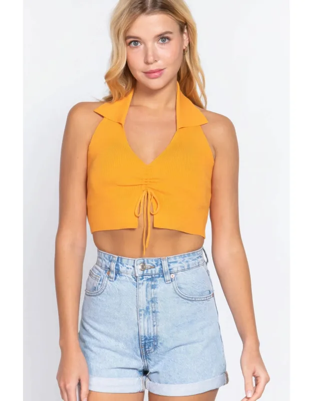 Halter Ruched Crop Sweater Knit Top