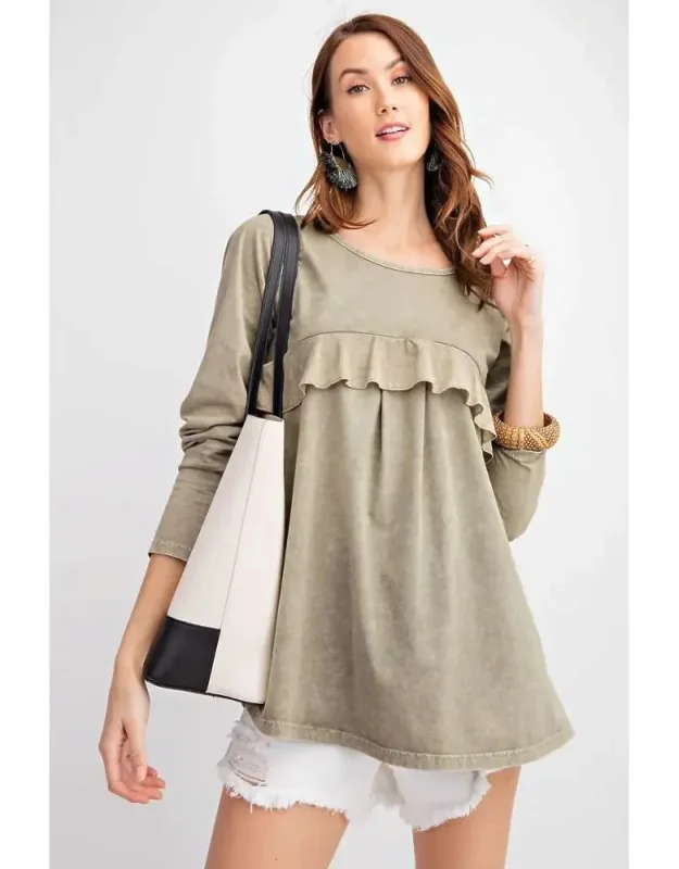 Long Sleeve Ruffled Detailing Oil Washed Knit Tunic
