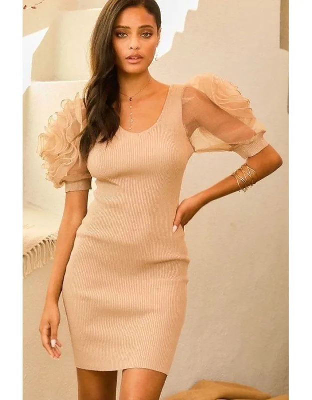 V Neck Contrast Flower Lace Bubble Sleeve Midi Dress