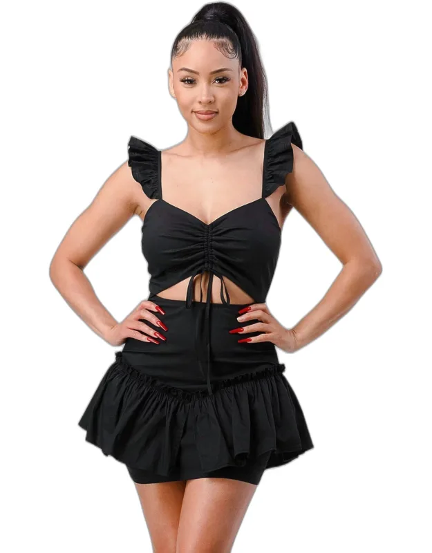 Sweetheart Mini Dress With Drawstring Bow And Ruffled Flutter Sleeves