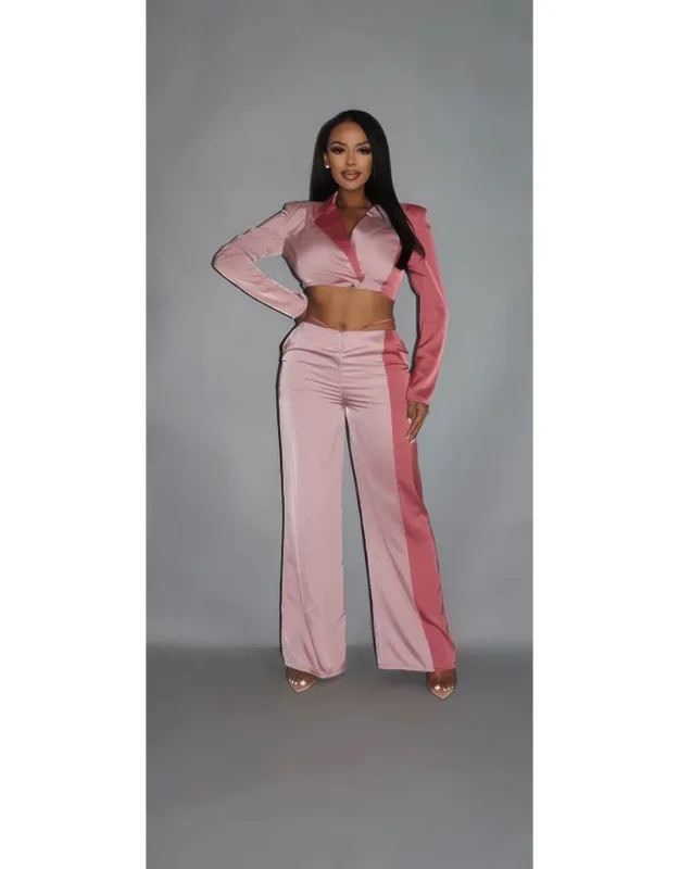 Colorblock Crop Blazer With Matching Low Rise Wide Leg Pants With Pockets