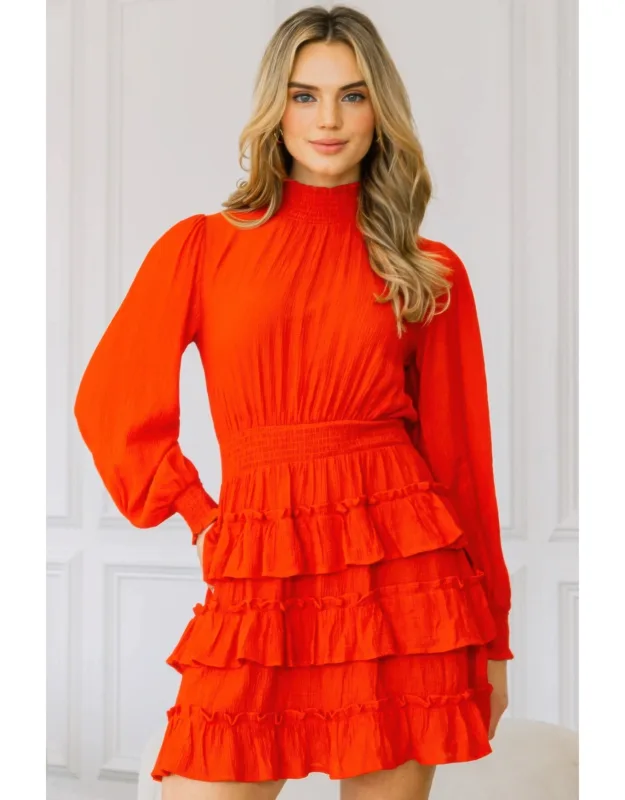 Long Sleeve Smocked Neck Tiered Ruffle Mini Dress