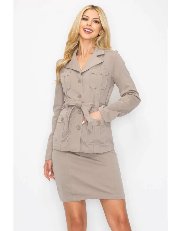 Belted Button-up Jacket & Pencil Skirt Set