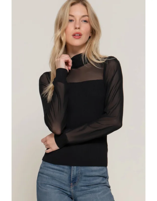 Long Sleeve Mesh Panel Detail Sweater Top