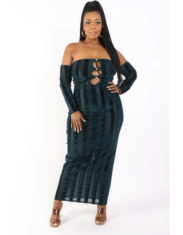 Striped Velvet Off Shoulder Dress