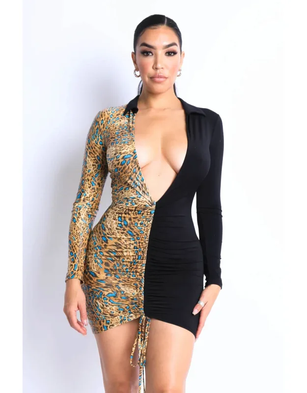 Colorblocked Deep V Collared Dress