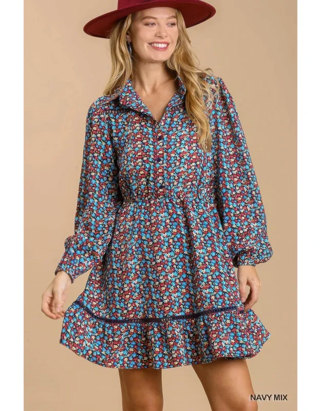 Collared Neckline Button-down Floral Print Dress With Crochet Trim Details