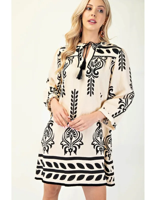Printed 3/4 Sleeve Dress With Tassel Tie And Fringe Detail On Hem