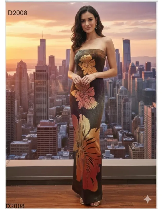 Metallic Flower Tube Maxi Dress