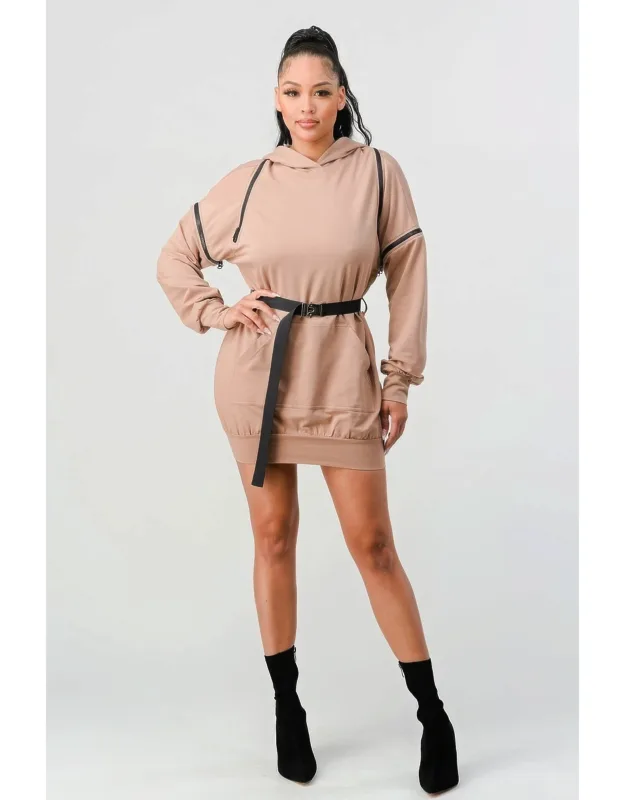 Double Zipper Long Sleeve Hooded Mini Dress