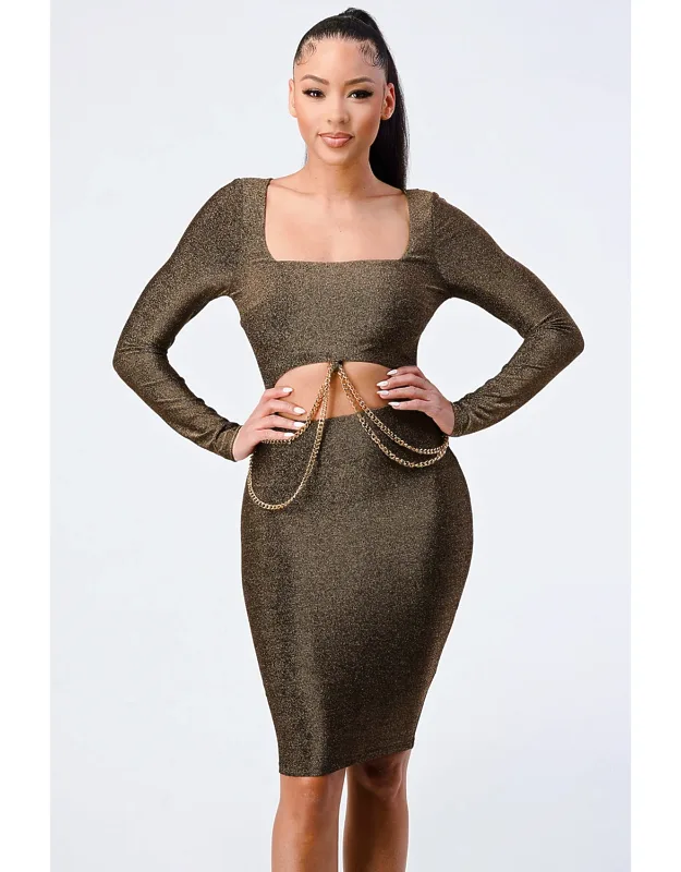 Luxe Waist Gold Chain Cut-out Detail Square Neck Glitter Bodycon Dress