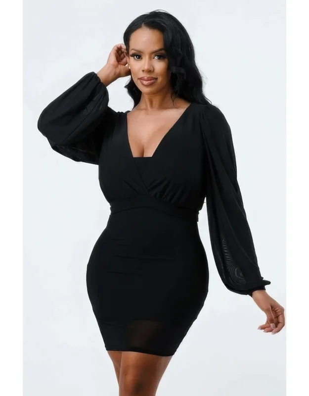 Mesh Layered Lining V Neck Bubble Sleeve Bodycon Dress