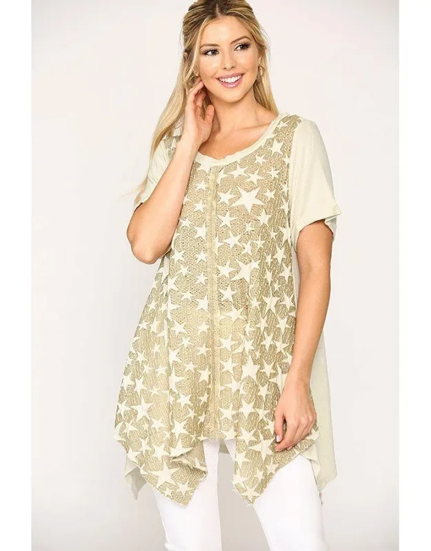 Star Textured Knit Mixed Tunic Top With Shark Bite Hem
