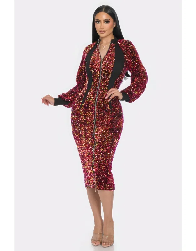 Midi 2 Way Zip Up Sequin Contrast Dress