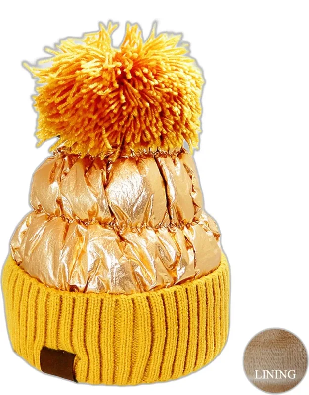 Fleece Lining Puffer Knit Pom Pom Beanie