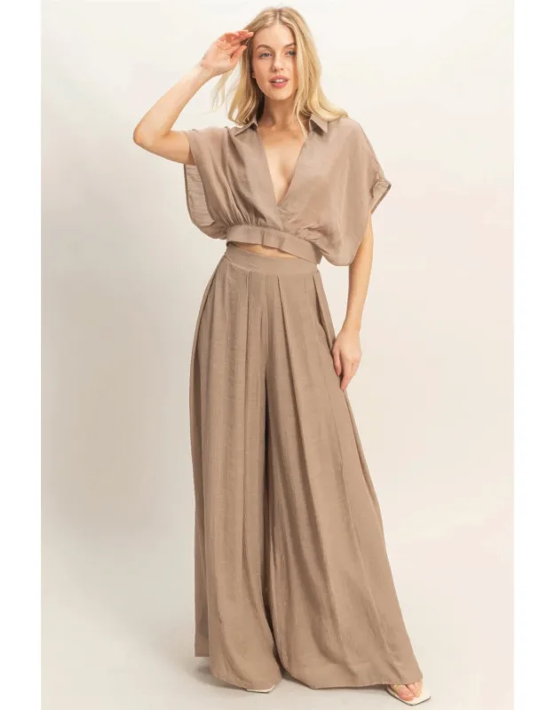 Collared Wrap Top & Wide-leg Pants Set