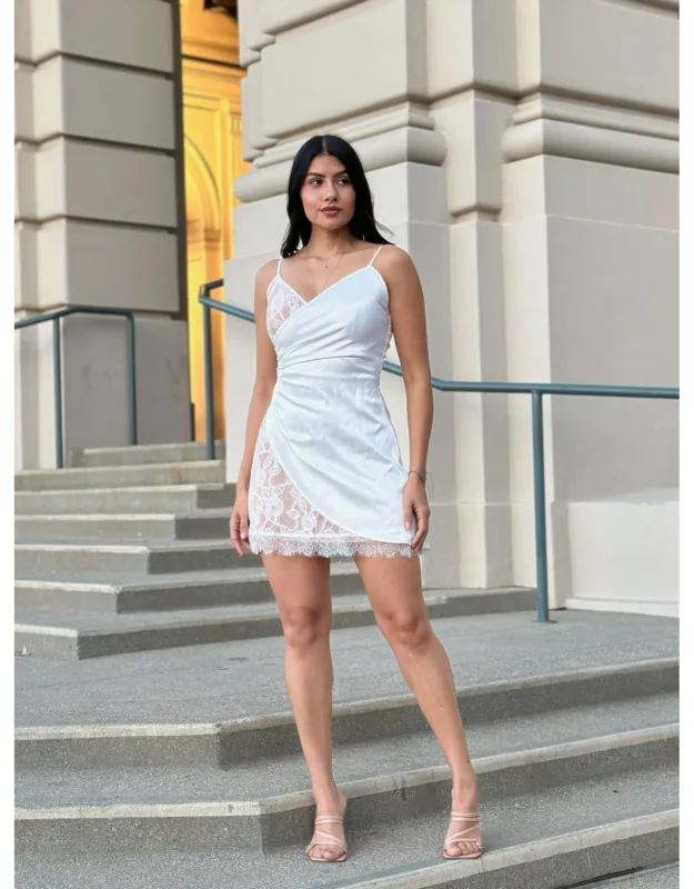 Satin Wrap Lace Mini Dress