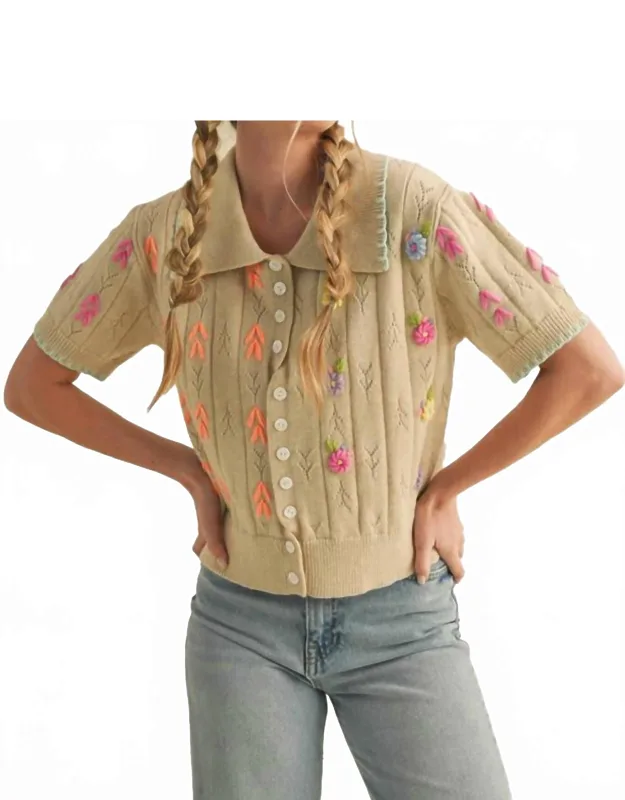 Hand Embroidered Short Sleeve Button Down Sweater