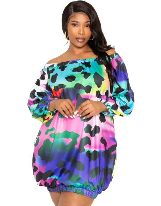 Electric Leopard Off-shoulder Bubble Mini Dress