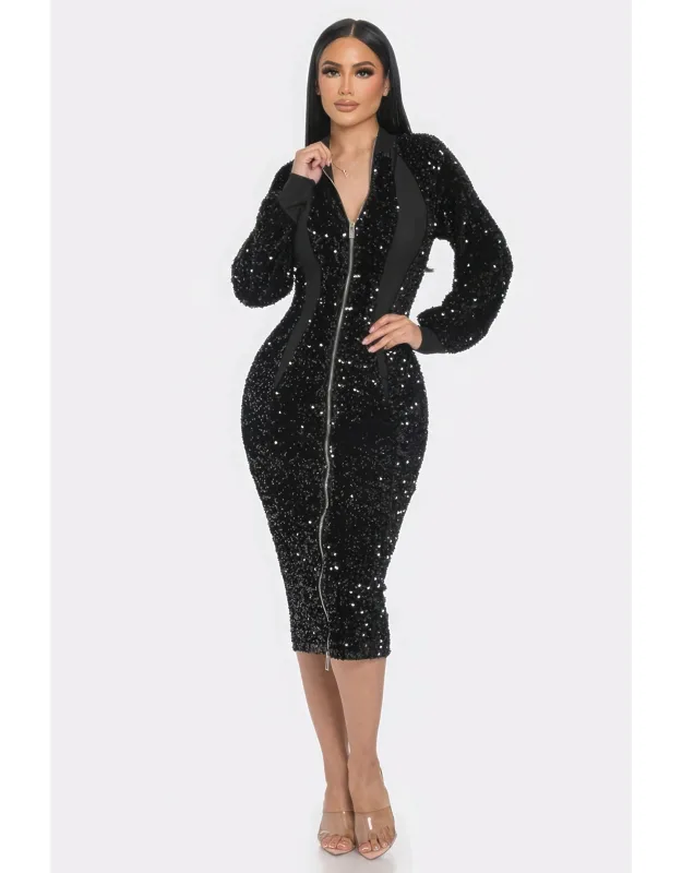 Midi 2 Way Zip Up Sequin Contrast Dress