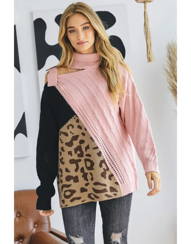 Turtleneck Color Block Cutout Sweater