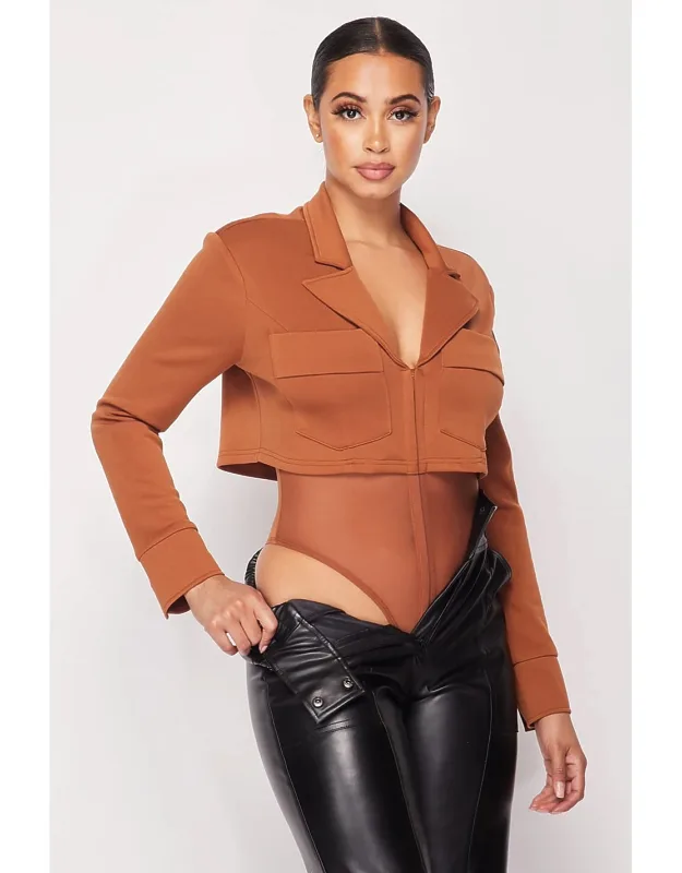 Cropped Power Shoulder Blazer Bodysuit