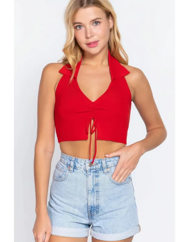 Halter Ruched Crop Sweater Knit Top